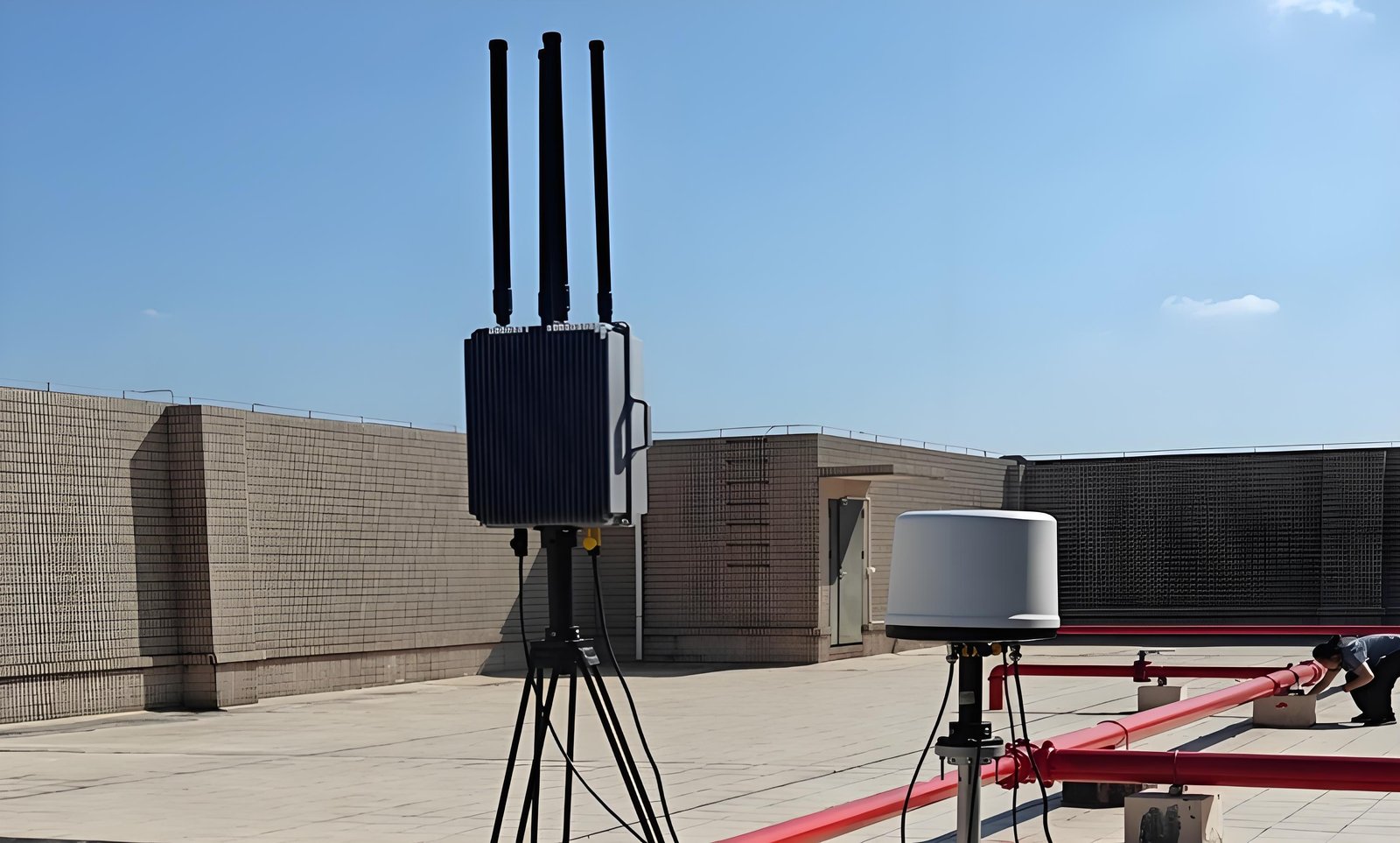 Anti - drone systems on a rooftop with a person working nearby