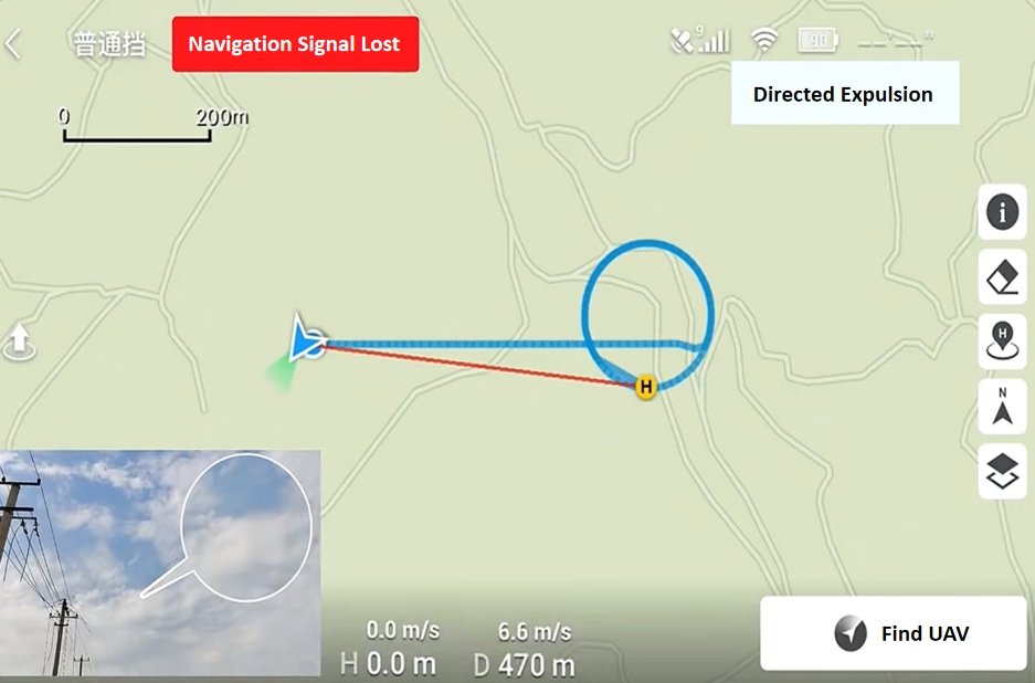 Drone navigation spoofing system interface with altered UAV flight path and signal loss alert