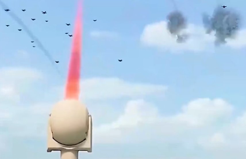 Anti - drone laser equipment firing at drones in a blue - sky scenario