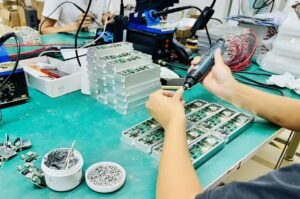 Workers assembling anti - drone modules in electronics factory production line