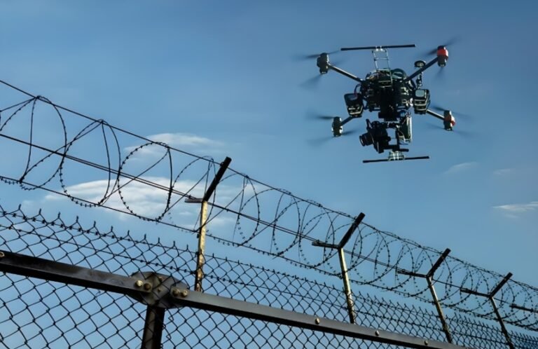 Un inhibidor de drones protege el espacio aéreo de una prisión interceptando vehículos aéreos no tripulados no autorizados cerca de una valla de alambre de espino.