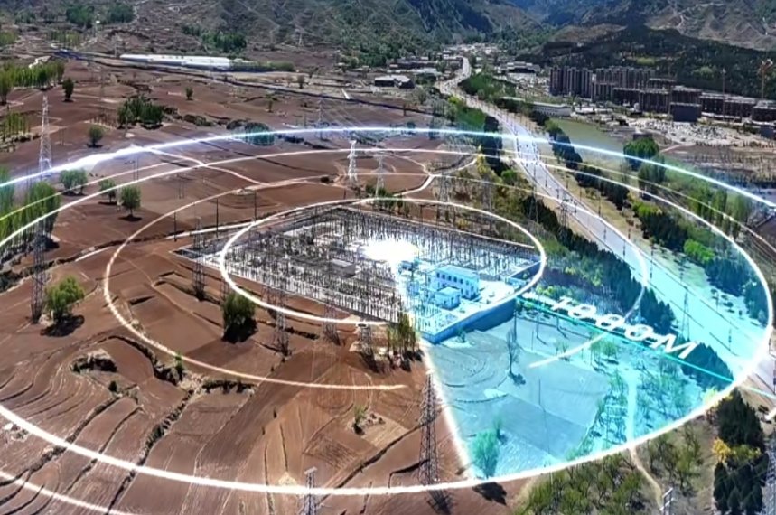 Drone navigation spoofing effect: Substation with circular tech in real - world scene