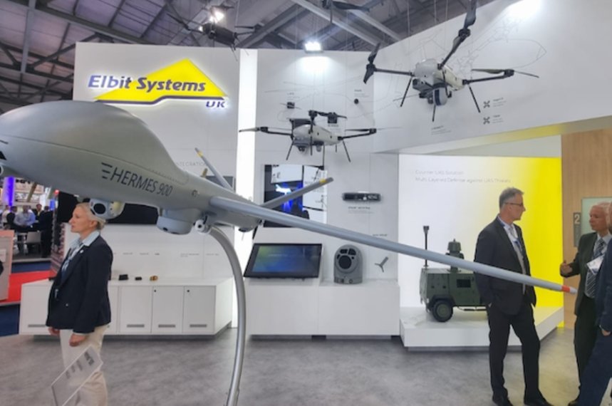 Elbit Systems drone exhibition with Hermes 900 at aerospace show