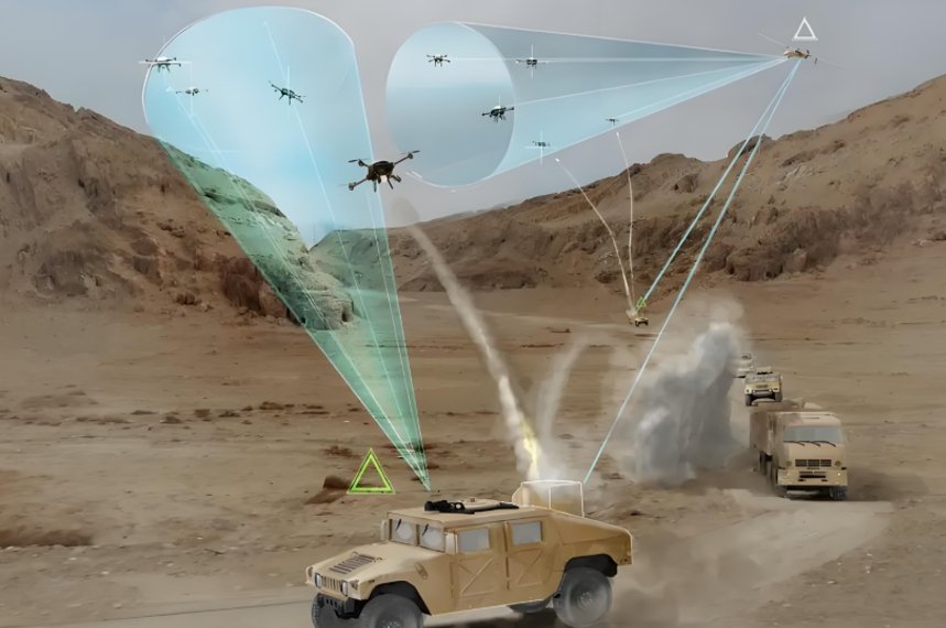 Vehicle - mounted drone jamming system intercepting UAVs in desert