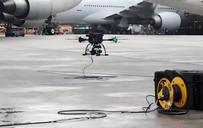 Equipo de detección de drones operando en la pista de un aeropuerto